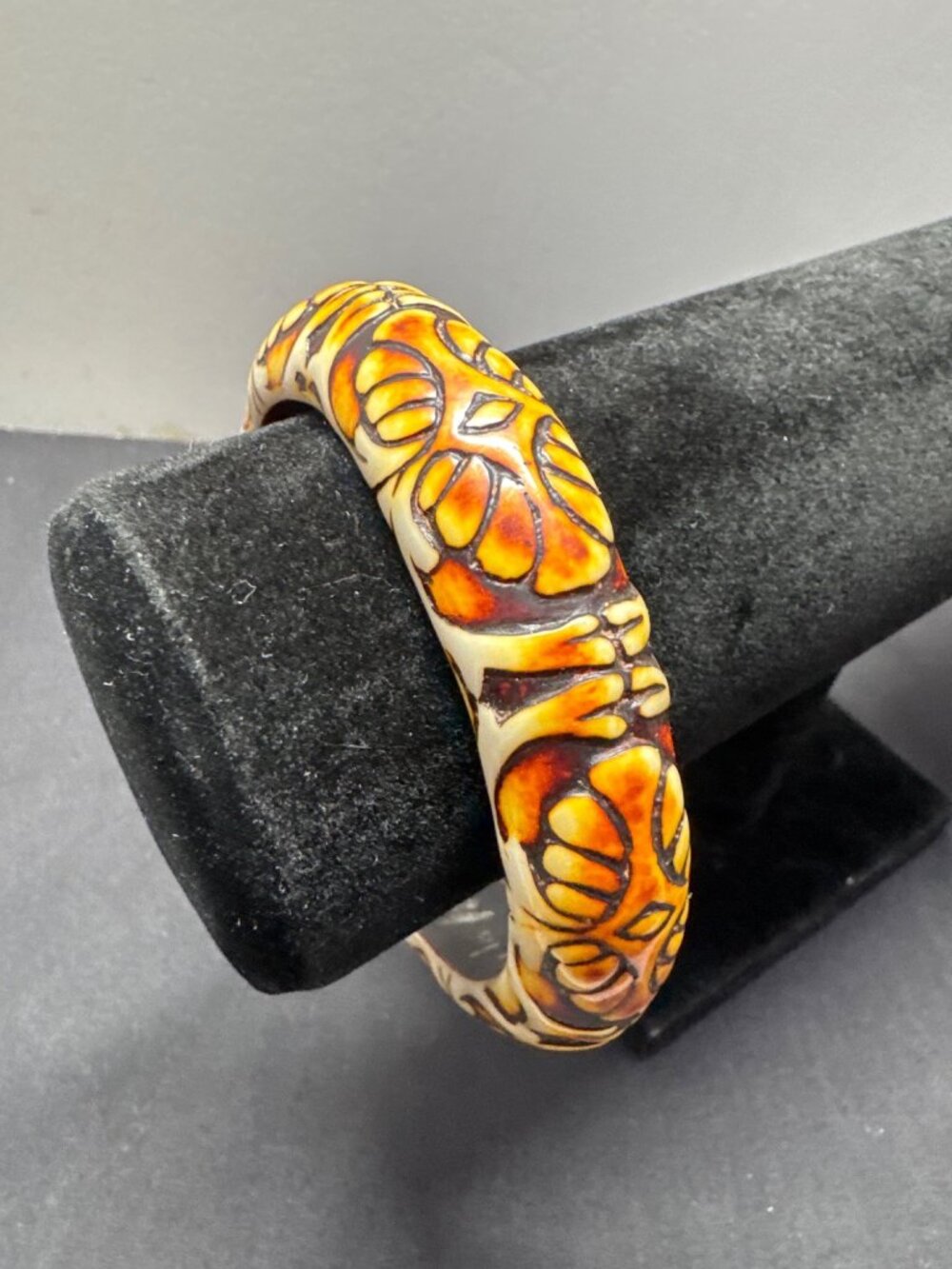 Handcrafted Floral Bangle With Burnt Orange & Cream Accents–Unique Vintage Style